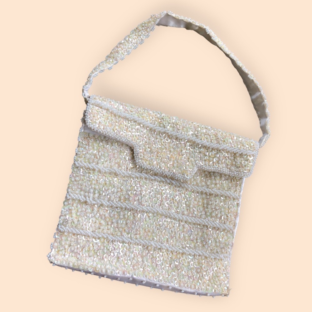Vintage 50s 60s Beaded Sequin Handmade Handbag Hong Kong Bridal Retro Feminine - Picture 3 of 14